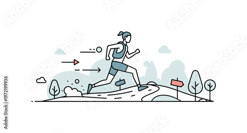 Trail running competition. One central athlete runs across uneven terrain, with minimal trees and path markers guiding the route. Tiny arrows and dust accents