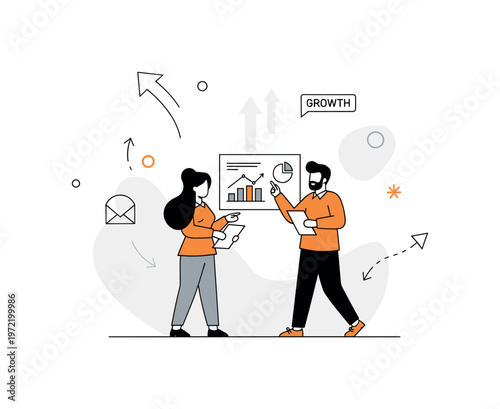 Career mentorship scene. A single mentor and mentee stand together reviewing a simple chart, with the mentee as the focal point gaining insight. Subtle upward