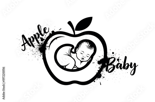 Apple Baby. lettering and all elements in black. Vector style. AWhite background. Pure white background. Perfect isolation and visual consistency. Grunge
