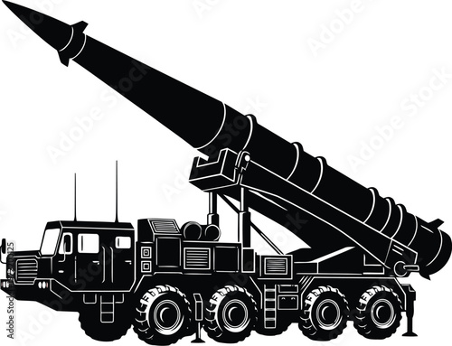 Detailed illustration of a mobile ballistic missile launcher system vehicle with an extended rocket ready for deployment