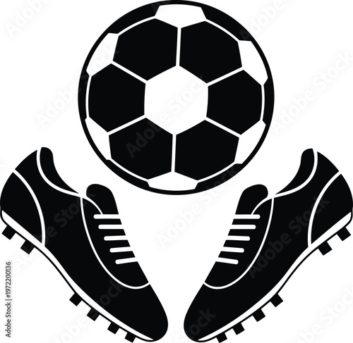 Classic black and white illustration of a soccer ball and two football cleats isolated on transparent background