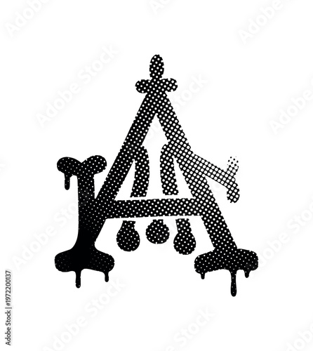 A single alchemical glyph drawn with thick ink strokes, slightly bleeding edges, black and white halftone illustration, dense dot gradients, high contrast,