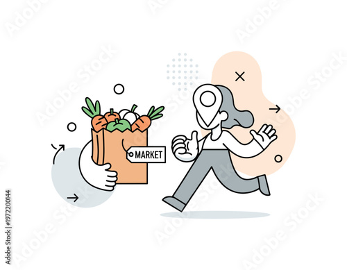 Local market inspiration. A single paper bag filled with produce is held proudly, with a tiny location pin and ?MARKET? label attached. Decorative dots and