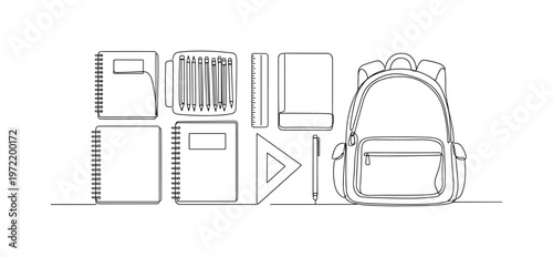 "Back to School Backpack". Minimalistic one-line drawing a backpack with a lunchbox placed beside it in a simple flat lay composition, continuous single black
