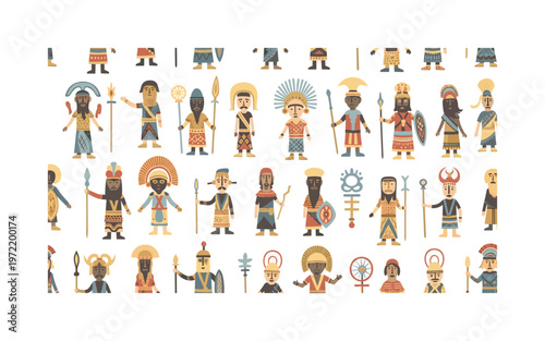 ancient symbols and storytelling motifs, seamless pattern, repeating pattern, surface design, textile print, symbolic figures patterns and storytelling icons