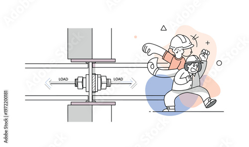Beam joint detail. One central connection shows two structural members joined by a plate and bolts, highlighted with clean lines and minimal shading. Subtle