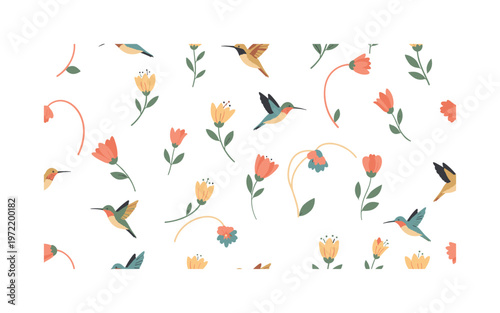 hummingbirds and flowers, seamless pattern, repeating pattern, surface design, textile print, tiny hummingbirds hovering among blooming flowers curved stems