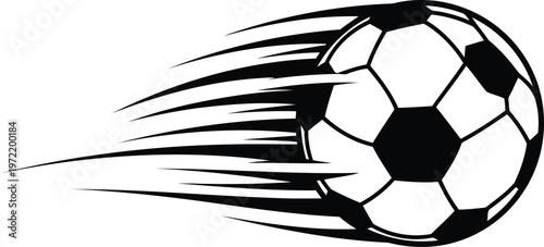 Dynamic illustration of a black and white soccer ball in motion with speed lines suggesting rapid movement