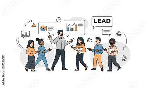 Inclusive leadership. A manager facilitates discussion, with hands pointing to charts or shared ideas while diverse team members respond positively. A ?LEAD?