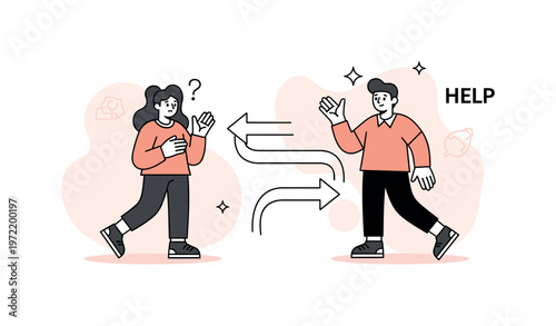 Finding the way. A person looks slightly confused while another provides directions, with curved arrows guiding the correct path. A ?HELP? caption and subtle