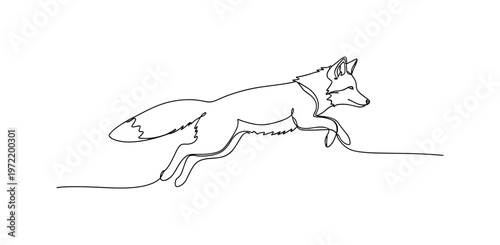 "Wild energy". Minimalistic one-line drawing fox in mid-air jump with smooth continuous contour capturing lively movement, continuous single black line on