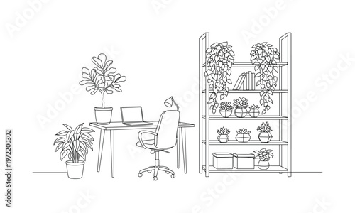 "Plant-Filled Office Scene". Minimalistic one-line drawing a modern office setup with shelves and plants creating a balanced biophilic composition, continuous