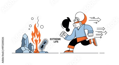 Extremophiles biology. A single microbe thrives near a deep-sea hydrothermal vent, with bold heat waves and mineral shapes rising around it. A small ?EXTREME