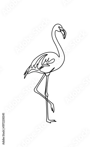 "Bird poise". Minimalistic one-line drawing flamingo in upright stance with refined curves and simple harmonious composition, continuous single black line on