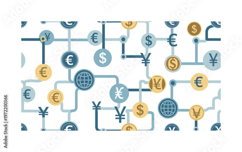 International currency systems, seamless pattern, repeating pattern, surface design, textile print, stylized coins banknotes and global currency symbols