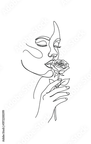 "Woman face and rose". Minimalistic one-line drawing woman face in profile gently holding a rose near her lips with soft elegant curves, continuous single