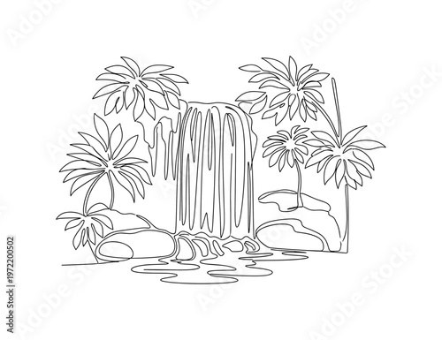 "Tropical waterfall". Minimalistic one-line drawing flowing waterfall integrated with surrounding leaves and branches in smooth continuous lines, continuous