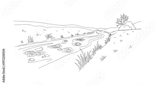 "Water Cleanup Transformation". Minimalistic one-line drawing a river transitioning from cluttered to clean with flowing lines and simple vegetation,
