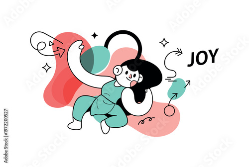 Playful composition. Multiple bright elements interact dynamically with overlapping layers and minimal sparkles, showing contrast and harmony. A ?JOY? caption