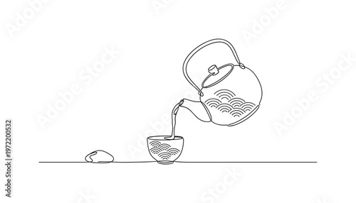 "Zen tea moment". Minimalistic one-line drawing teapot pouring into a small cup with minimal elements placed harmoniously, continuous single black line on