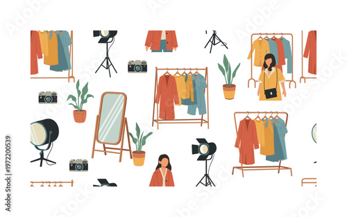 Fashion photography for online stores and catalogs, seamless pattern, repeating pattern, surface design, textile print, cozy arrangement of stylized models,