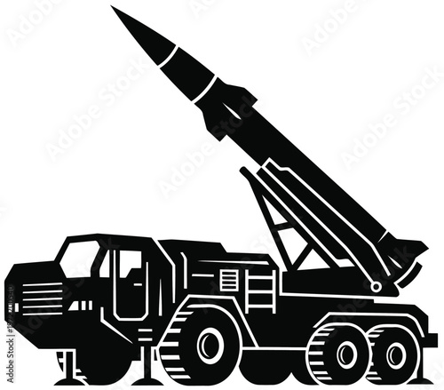 Modern military missile launcher truck vehicle with deployed rocket isolated on transparent background