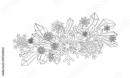 "Frozen Crystal Texture". Minimalistic one-line drawing overlapping snowflake and ice crystal forms creating a dense winter macro composition, continuous