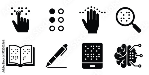 Collection of braille and accessibility icons vector illustration set on transparent background