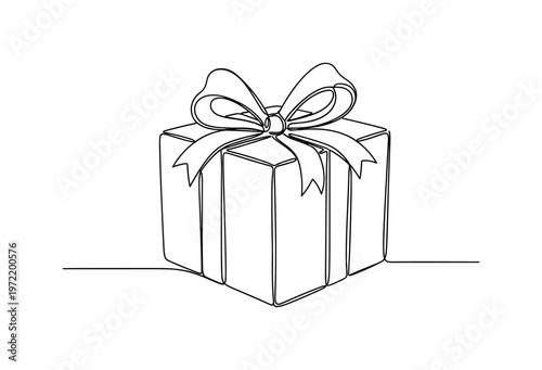 "Wrapped Gift Composition". Minimalistic one-line drawing a stylized present with a prominent bow and clean geometric form placed centrally, continuous single