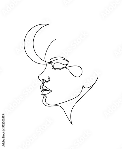 "Night harmony". Minimalistic one-line drawing woman face with moon hovering near her forehead with smooth continuous contour, continuous single black line on