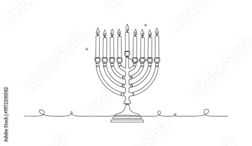 "Festival of Lights Scene". Minimalistic one-line drawing a menorah with candles burning in a calm composition with subtle decorative elements, continuous