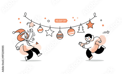 Handmade Christmas decor. One central garland is displayed with simple shapes like stars and ornaments strung together. A small ?HOLIDAY DIY? label and