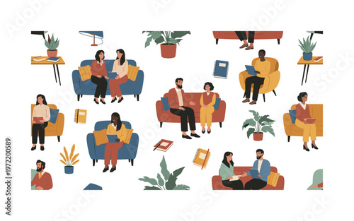 Workplace therapy and counseling, seamless pattern, repeating pattern, surface design, textile print, cozy arrangement of people talking, listening, notebooks,