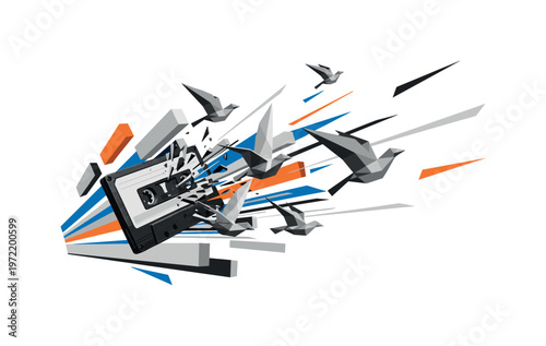 cassette tape exploding into bird-shaped fragments, monochrome retro object with layered cut-out effect, pieces turning into sharp geometric bird forms,