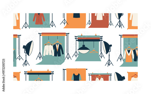 Studio fashion setup, seamless pattern, repeating pattern, surface design, textile print, decorative layout of tripods, backdrops, hangers, garments and