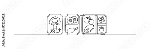 "Clean eating prep". Minimalistic one-line drawing organized containers with minimal food elements in a structured layout symbolizing routine and health,