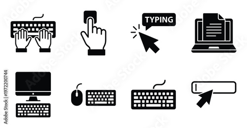 Computer typing and interface navigation icon set featuring keyboards mouse and cursor interactions