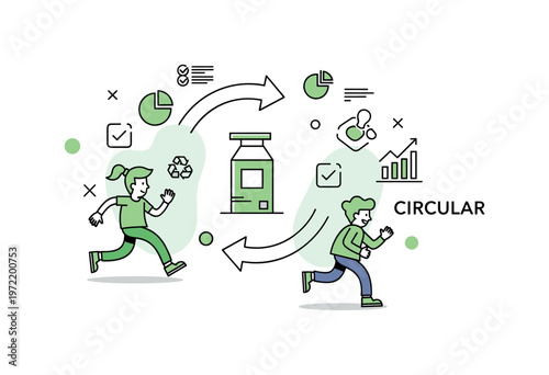 Green business model. A single product or service icon is centered, with circular flow arrows and minimal business elements like charts and checkmarks around