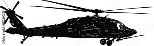 Silhouette of a military attack helicopter with rotor blades extended in flight isolated on white