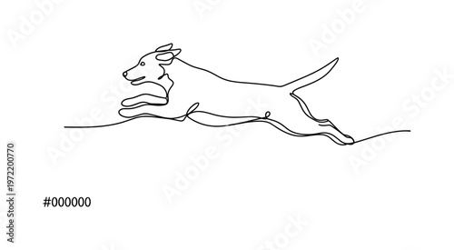 "Playful motion". Minimalistic one-line drawing dog leaping forward with smooth flowing contour suggesting speed and joy, continuous single black line on white