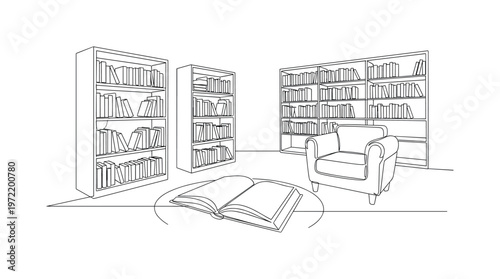 "School Library Setup". Minimalistic one-line drawing rows of books with a seating area and open book suggesting a peaceful reading moment, continuous single