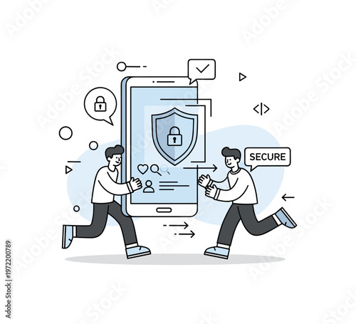 Cybersecurity for social media platforms. A single smartphone is the main focus, protected by a shield icon overlay, with small lock symbols on