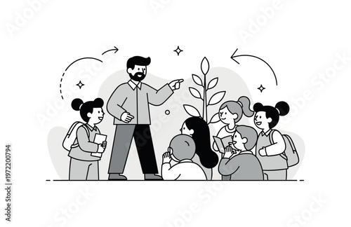 Nature-based learning scene. One central educator gestures toward a plant or tree, with students observing closely. Tiny sparkles and curved lines suggest