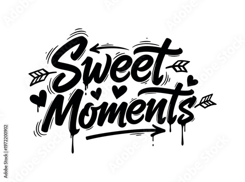 Sweet Moments. lettering and all elements in black. Vector style. AWhite background. Pure white background. Perfect isolation and visual consistency. Dynamic