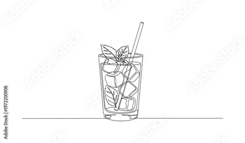 "Summer lemonade with ice and mint". Minimalistic one-line drawing glass of lemonade with ice cubes and mint leaves with a straw in a fresh balanced