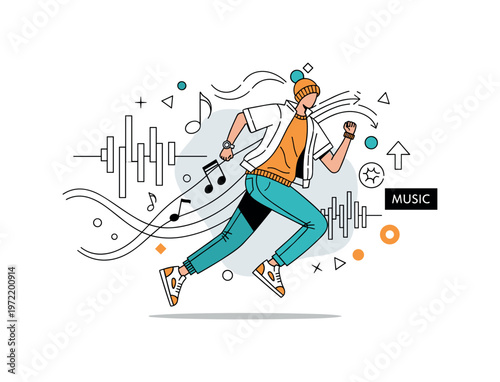 Music-inspired fashion. A stylized outfit incorporates sound waves and note icons, with flowing lines suggesting rhythm and movement. A small ?MUSIC? label