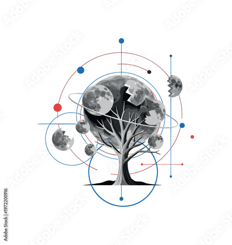 surreal lunar landscape with a tree growing through floating moon fragments, monochrome tree with cut-out layered effect, broken moon pieces orbiting around