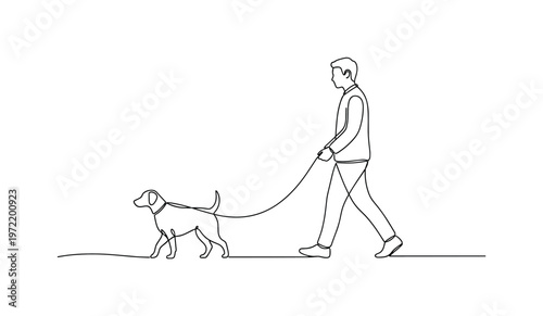 "Daily walk". Minimalistic one-line drawing human and dog strolling side by side with leash forming smooth flowing curve, continuous single black line on white