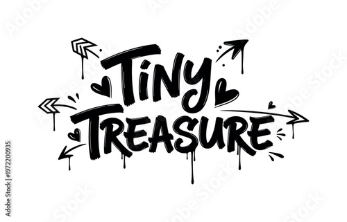 Tiny Treasure. lettering and all elements in black. Vector style. AWhite background. Pure white background. Perfect isolation and visual consistency. Dynamic