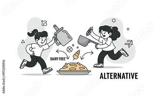 Alternative cooking. A single dish is prepared using substitute ingredients, with arrows showing swaps like dairy-free or gluten-free options. A ?ALTERNATIVE?